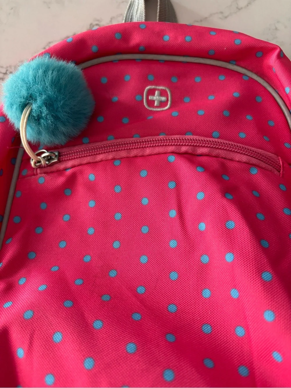 SwissGear Hot Pink Polka Dot Kids Backpack with Teal Pom